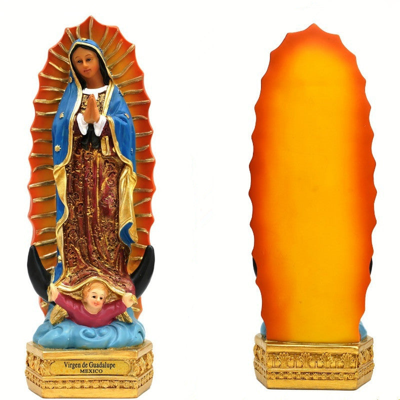Hand-painted resin statue of Our Lady of Guadalupe featuring blue and gold colors.