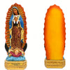 Hand-painted resin statue of Our Lady of Guadalupe featuring blue and gold colors.