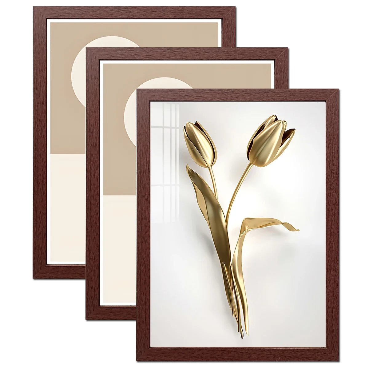 A set of three wooden photo frames displaying gold tulip floral designs.