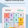 A hand is interacting with a pink magnetic sliding block puzzle featuring numbered tiles from one to fifteen.