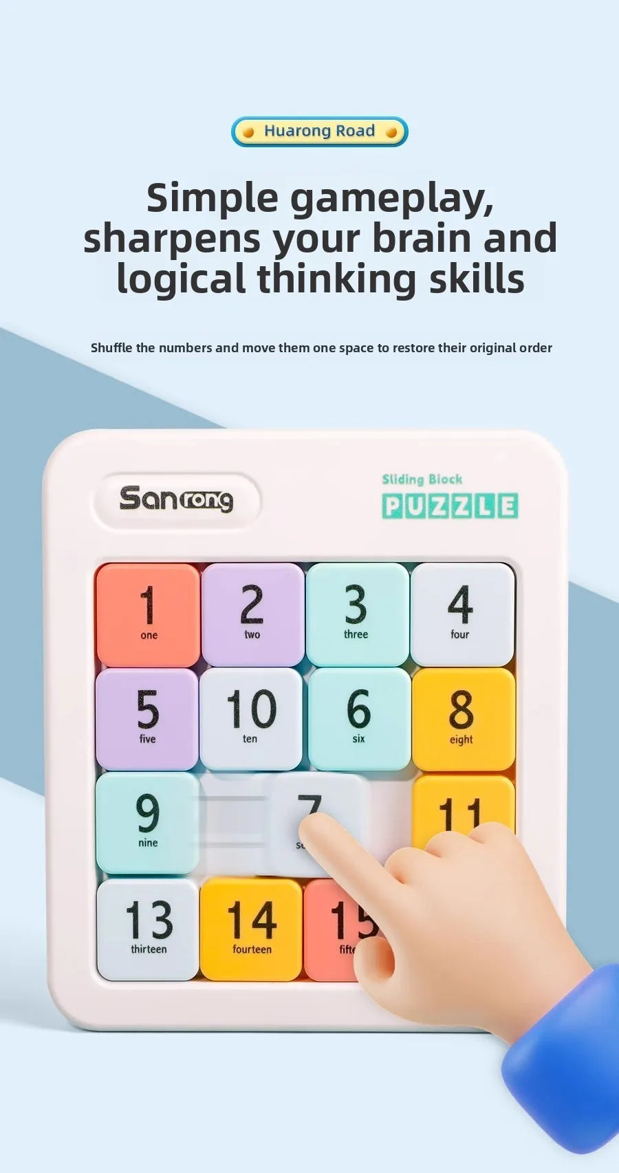 A hand is interacting with a pink magnetic sliding block puzzle featuring numbered tiles from one to fifteen.