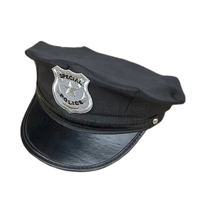 Black police officer costume hat with an octagonal crown and a silver badge emblem