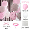 A set of 64 pink and white latex balloons with ribbon bows, including glue dots and a bow ribbon.