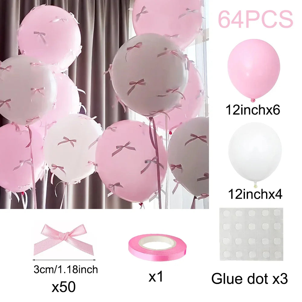 A set of 64 pink and white latex balloons with ribbon bows, including glue dots and a bow ribbon.