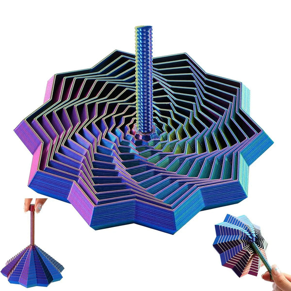 A 3D-printed star fidget spinner with a handle shown in various shades of blue and purple.