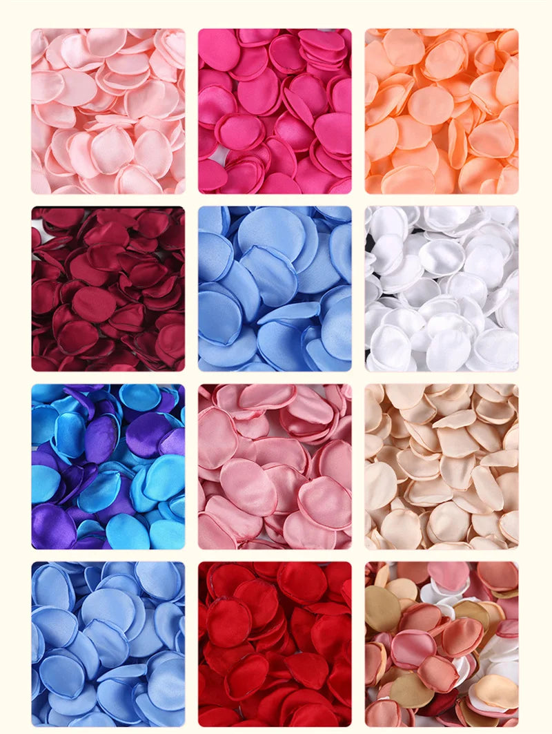 A collection of silk rose petals in various shades including pink, magenta, red, blue, and white.