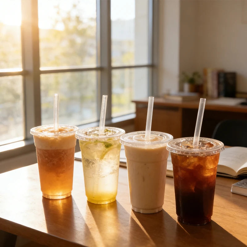 Four disposable plastic cups with straws filled with various iced drinks sitting on a wooden table near a window.