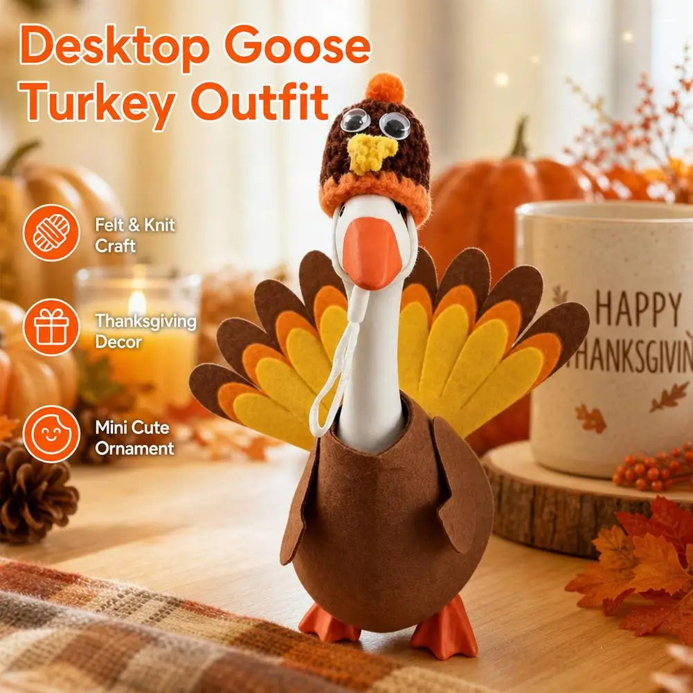 A felt turkey costume shaped like a goose, featuring orange and brown colors, displayed on a wooden surface.