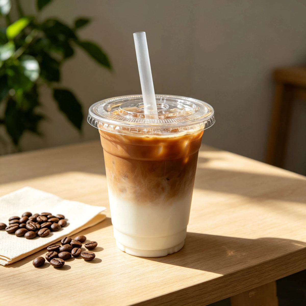 A tall glass of iced coffee or latte in a clear plastic cup with a straw, resting on a wooden table.