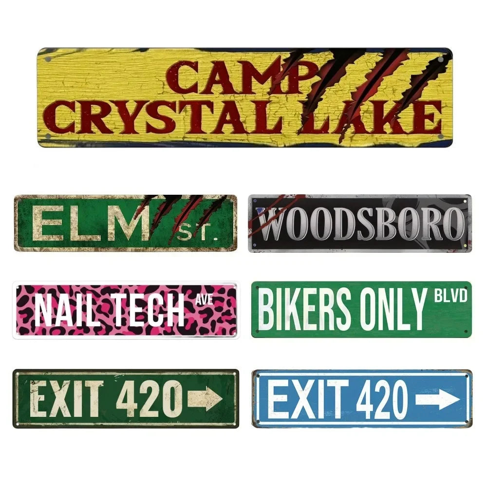 A collection of vintage metal wall signs featuring text like Camp Crystal Lake, Elm St., and Exit 420.