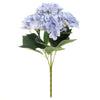 A bouquet of artificial light purple hydrangea flowers with green leaves on a slender stem.