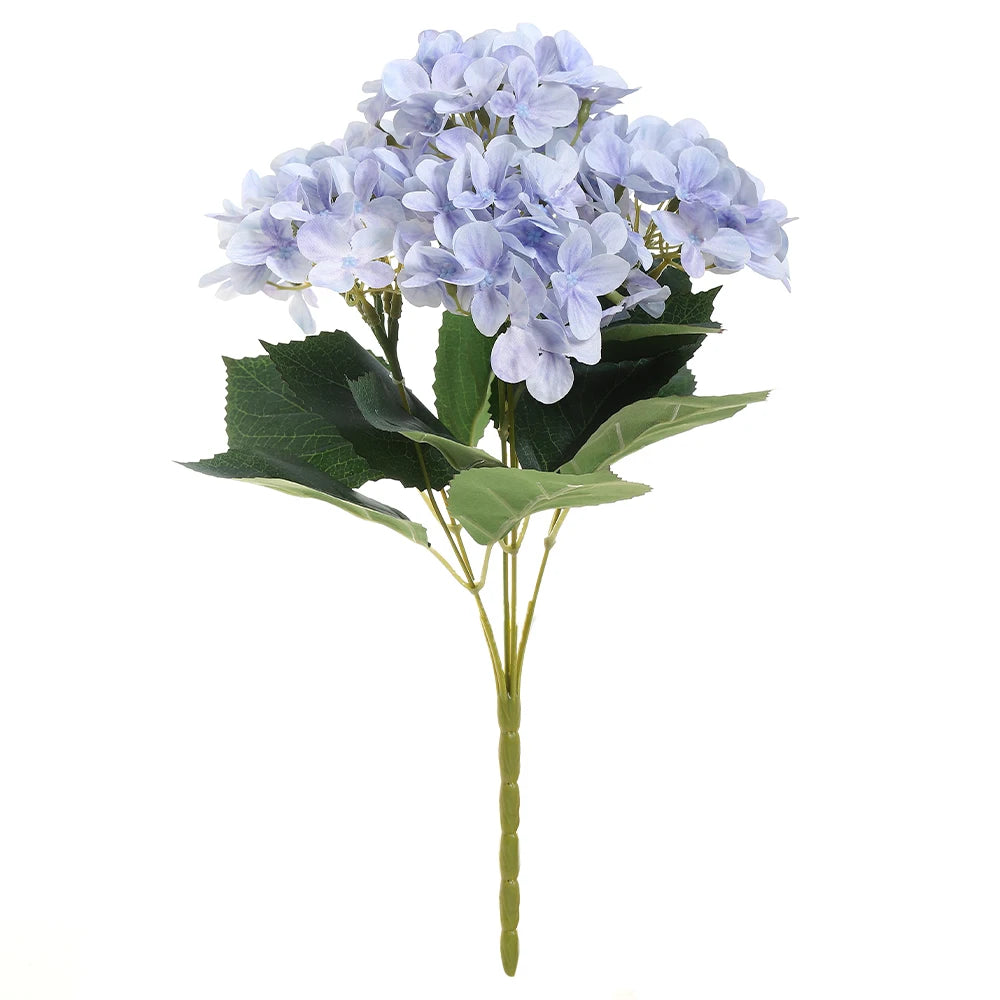 A bouquet of artificial light purple hydrangea flowers with green leaves on a slender stem.