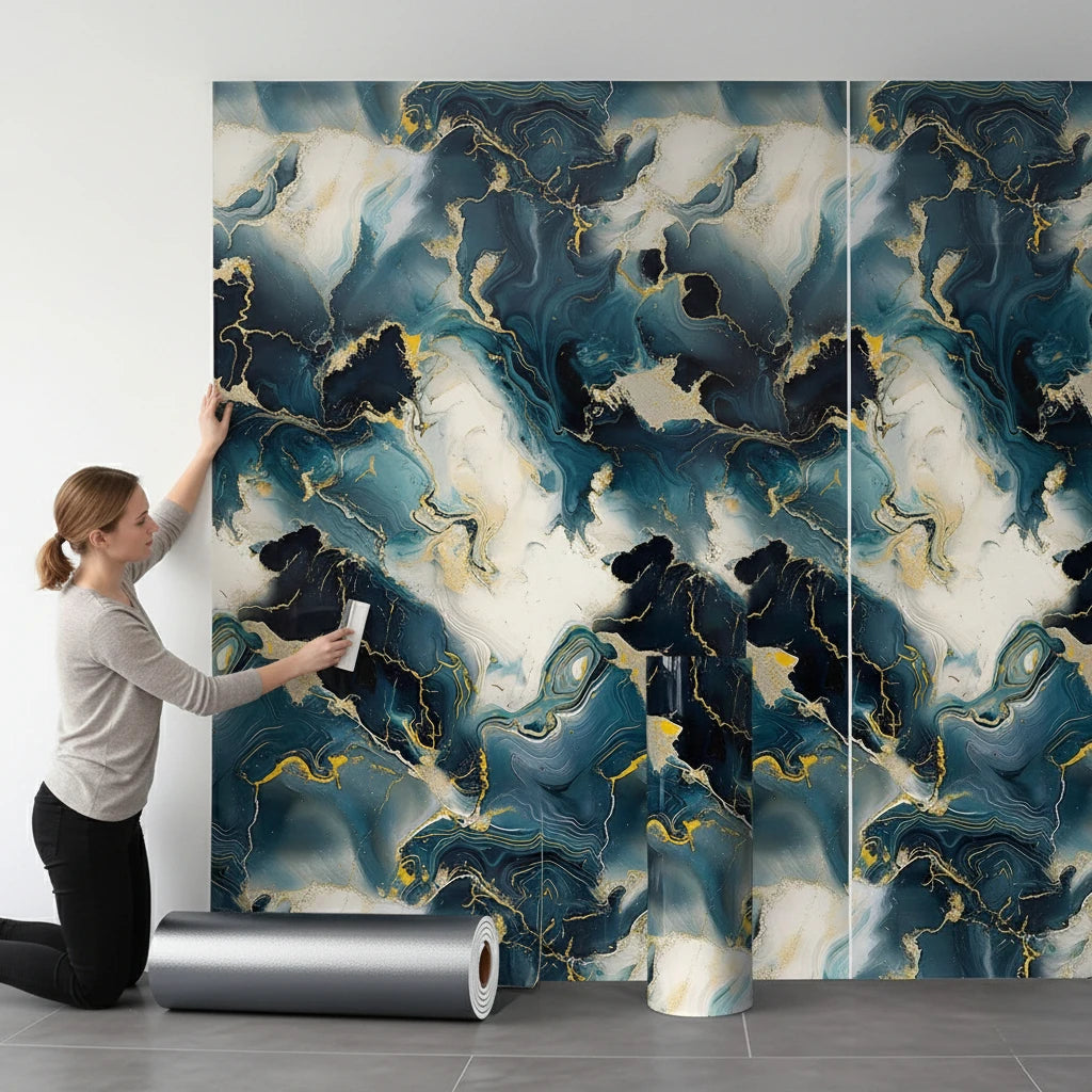Rouleau de vinyles muraux fausses marbres 3D avec des motifs marbrés bleu et or