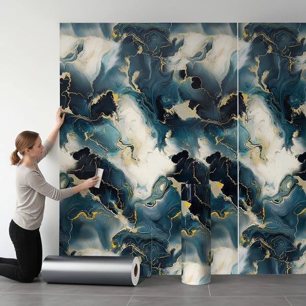 Roll of 3D faux marble wall decals featuring blue and gold marbled patterns