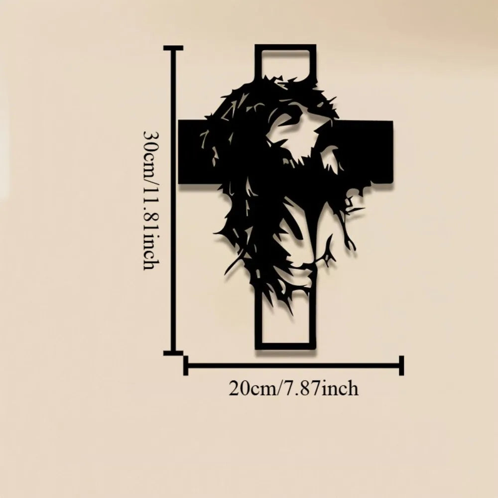 Black silhouette of a lion's head within a cross shape on a light background.
