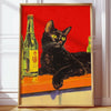 A vintage poster featuring a black cat against a red background, displayed in a wooden frame.