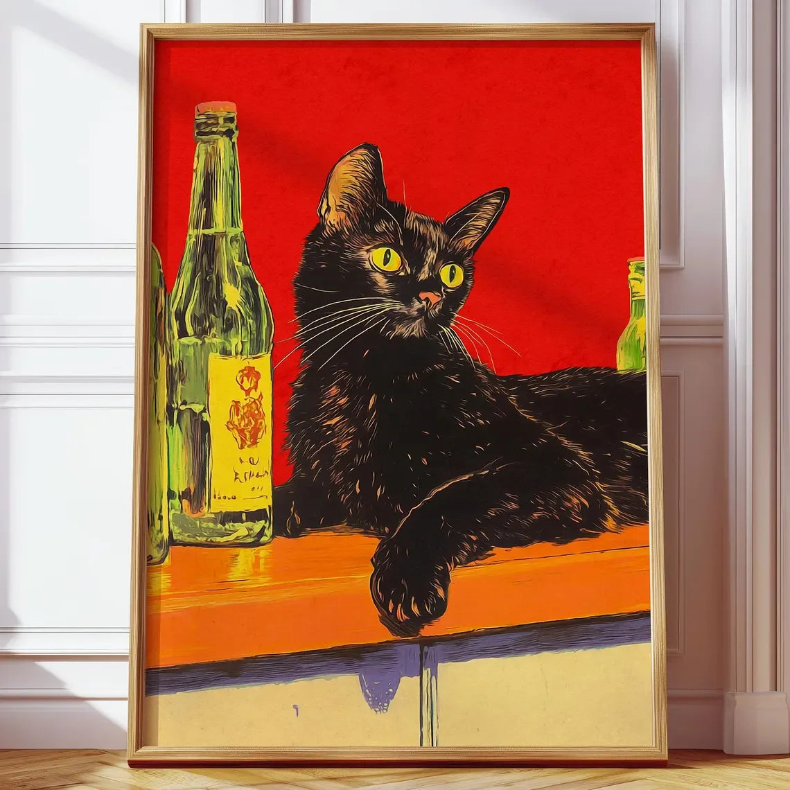 A vintage poster featuring a black cat against a red background, displayed in a wooden frame.