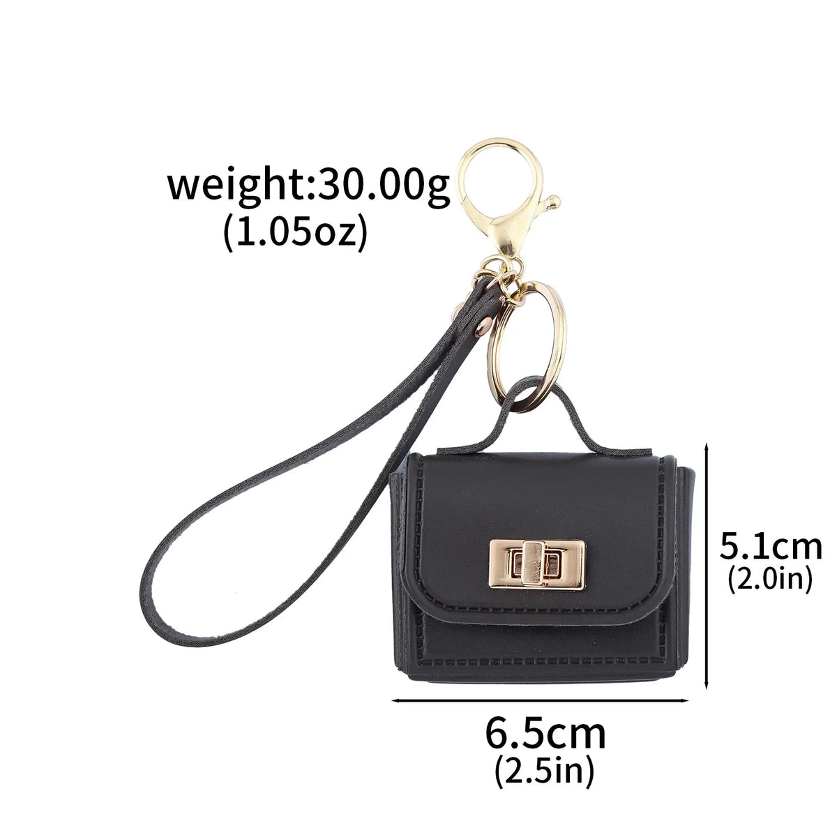 A black mini leather openable bag keychain with a gold-tone clasp and attached black cord.