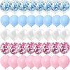 A set of blue and pink gender reveal balloons filled with confetti.