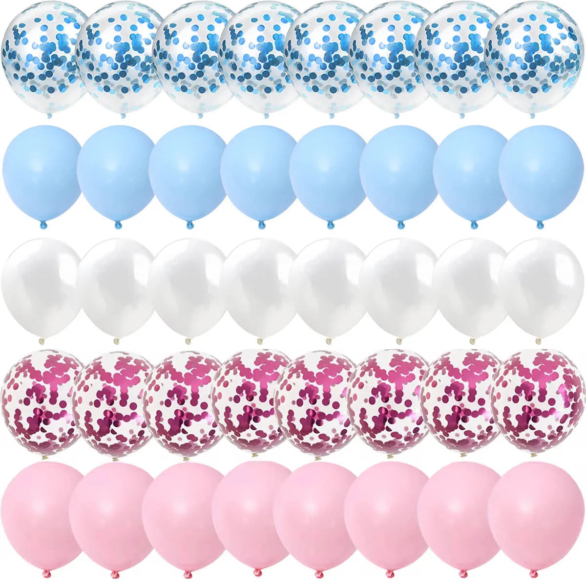 A set of blue and pink gender reveal balloons filled with confetti.