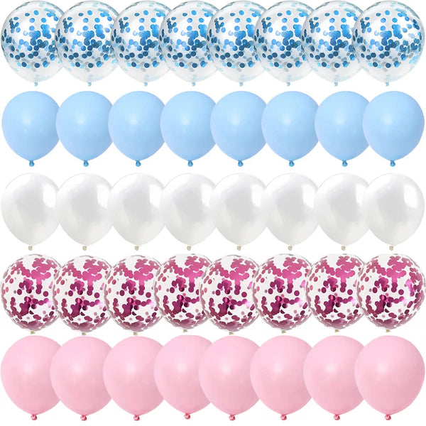 A set of blue and pink gender reveal balloons filled with confetti.