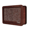 A wooden piggy bank with a grid tracker for savings goals, showing various monetary amounts.