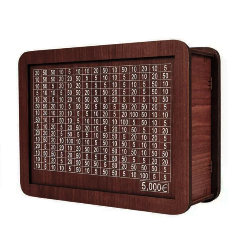 A wooden piggy bank with a grid tracker for savings goals, showing various monetary amounts.