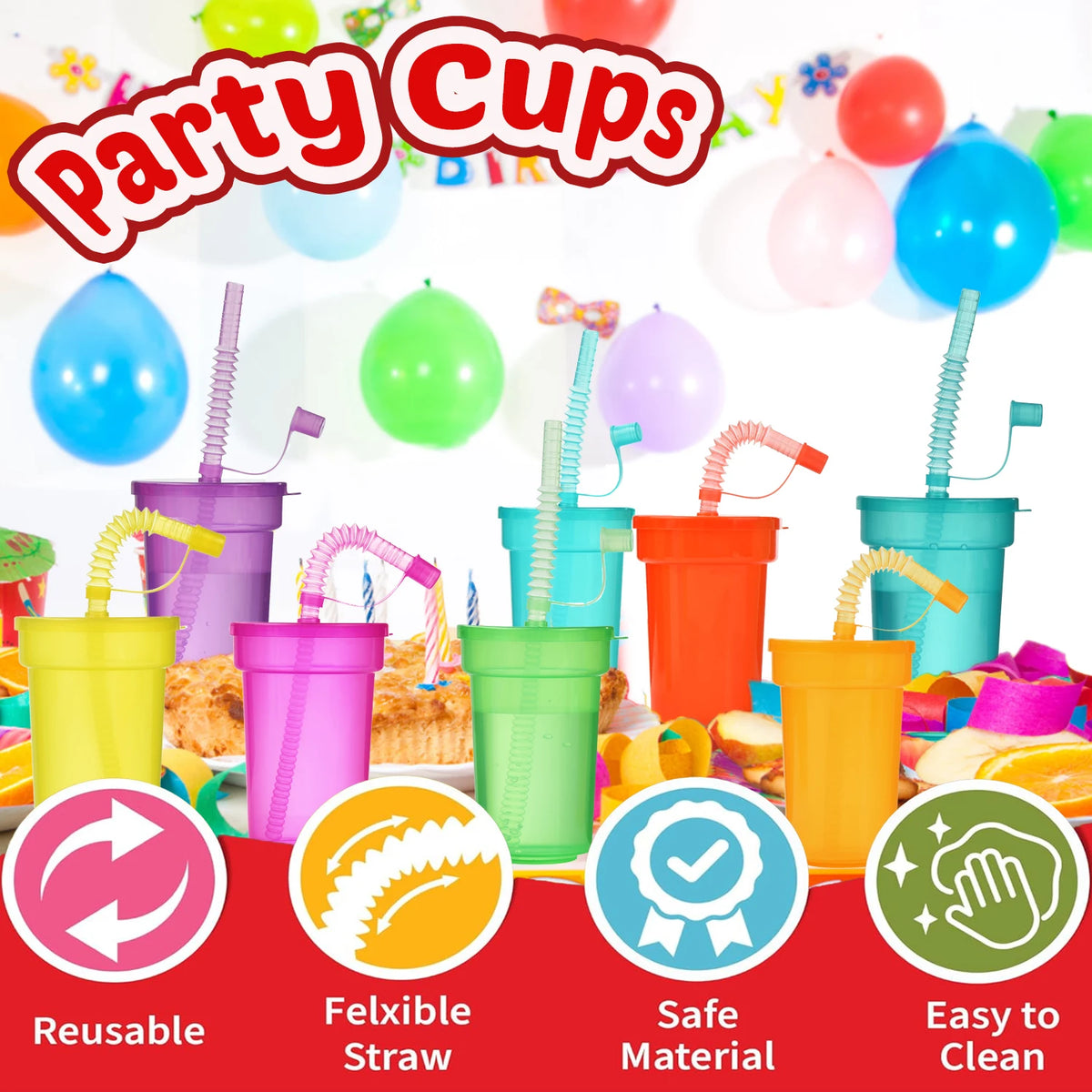 A collection of colorful neon reusable sipper cups with various colored straws and lids.