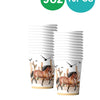 A set of ten disposable cups with a western design featuring horses and birds.