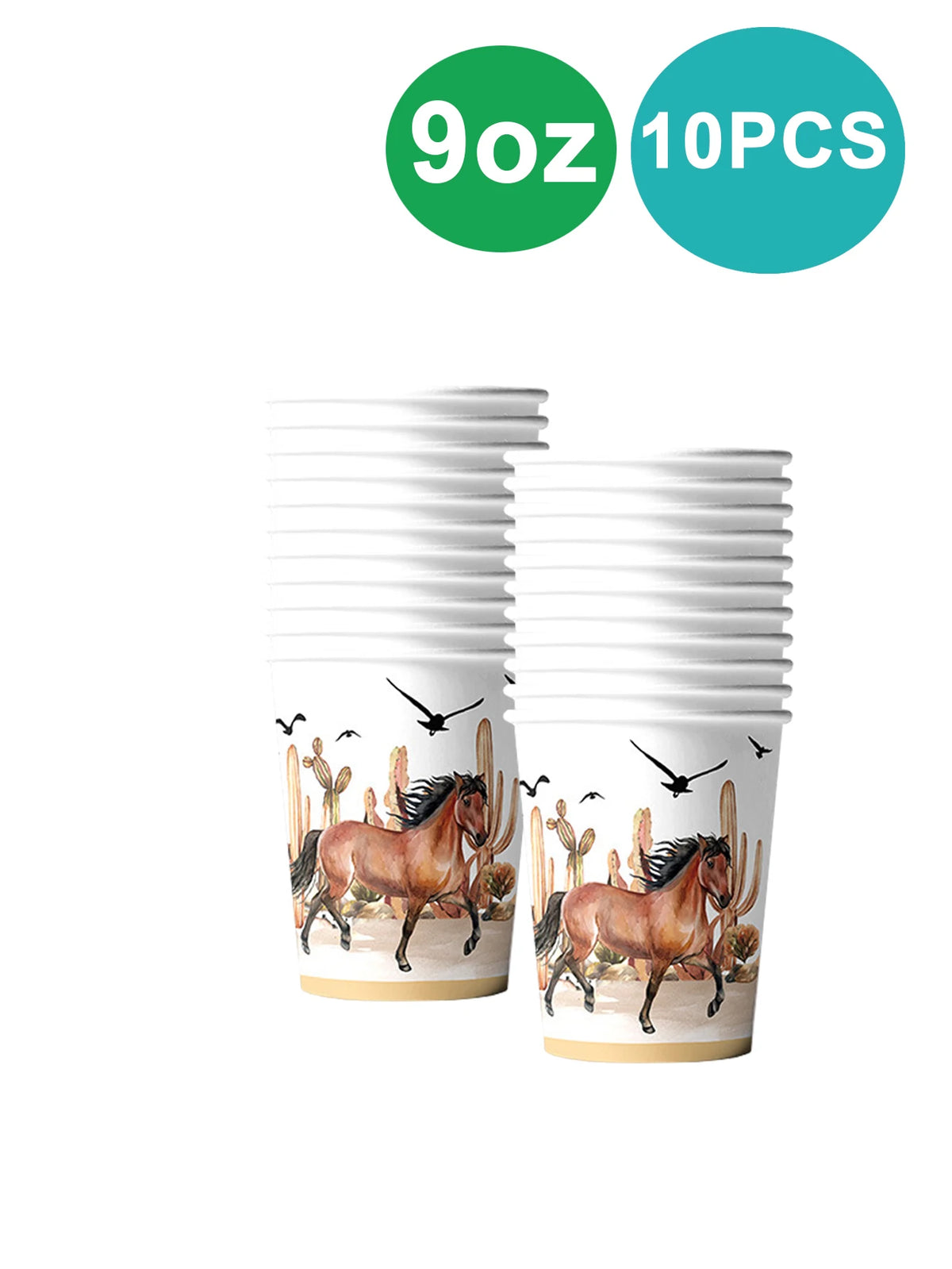 A set of ten disposable cups with a western design featuring horses and birds.