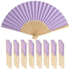 A fan of purple and gold paper hand fans with accompanying gift bags and thank you cards.