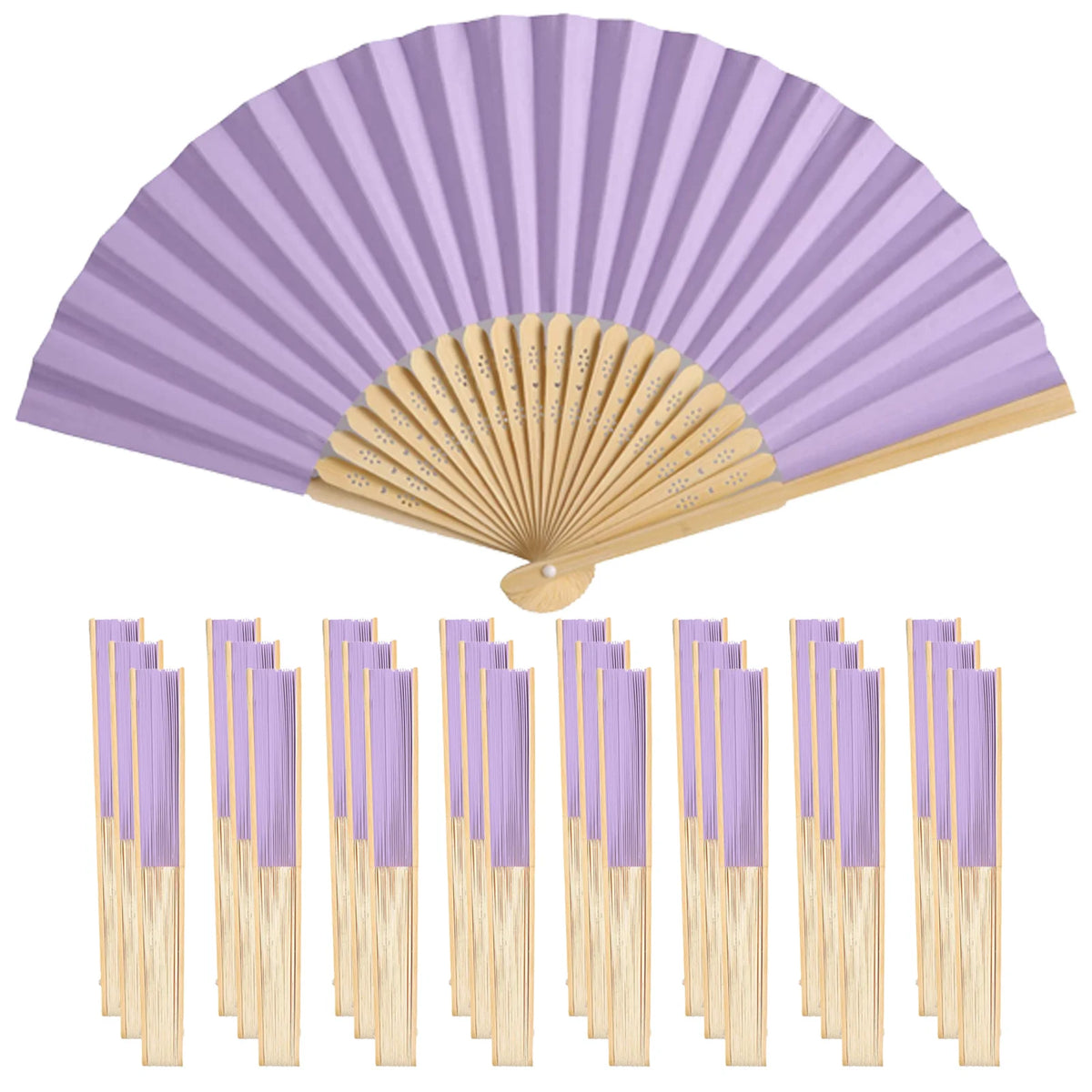 A fan of purple and gold paper hand fans with accompanying gift bags and thank you cards.