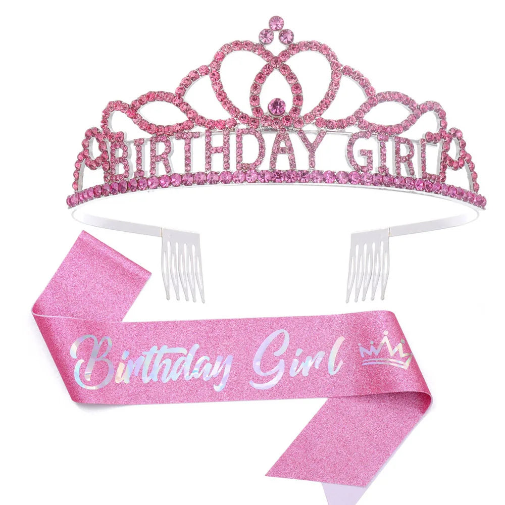 Pink glitter birthday crown and sash set for women