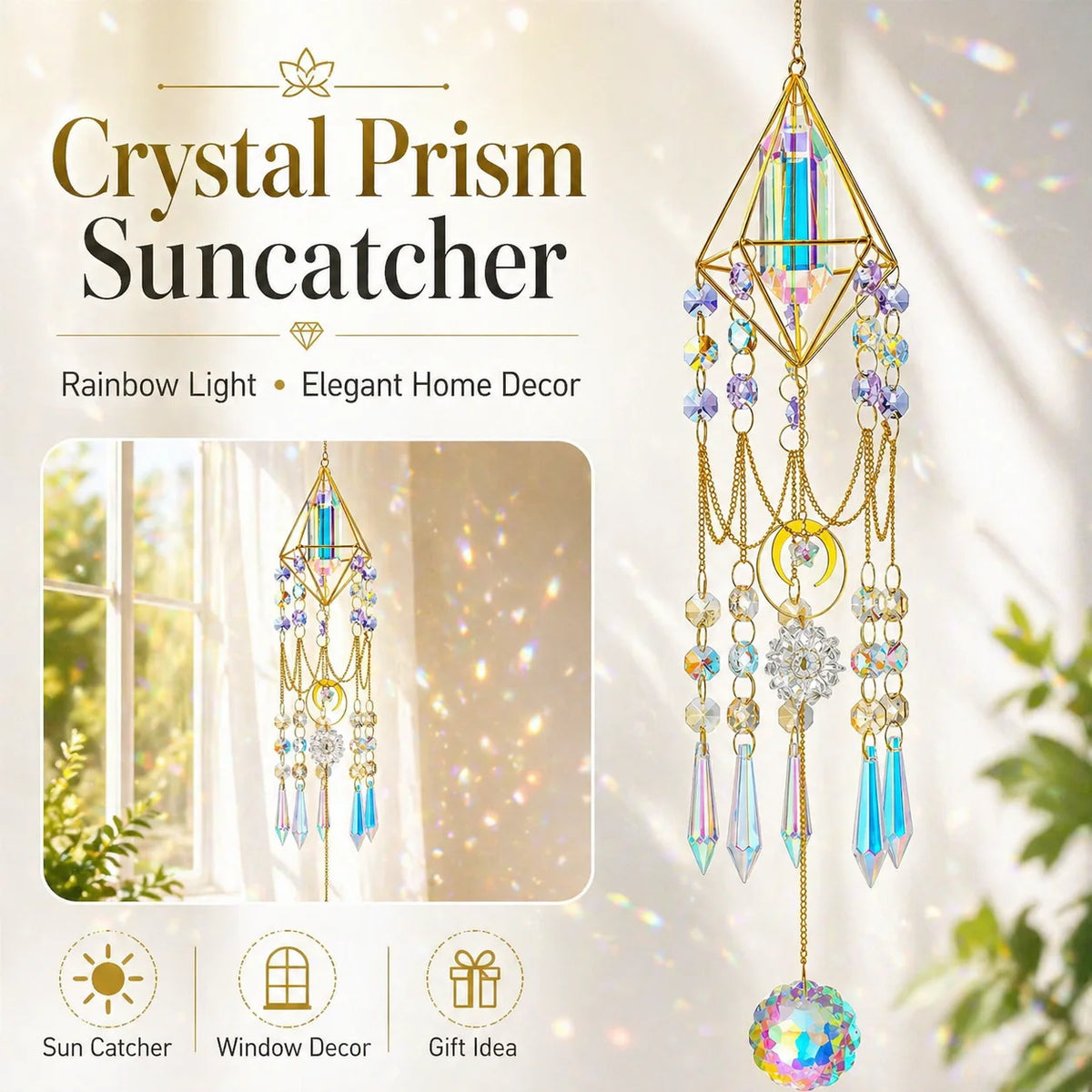 A hanging crystal prism suncatcher with a gold geometric frame featuring colorful glass prisms and dangling beads.