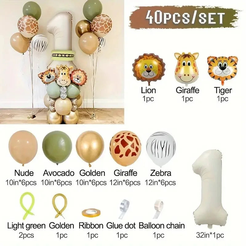 A set of 40 jungle animal balloons including lion, giraffe, tiger, and various number and ribbon balloons.