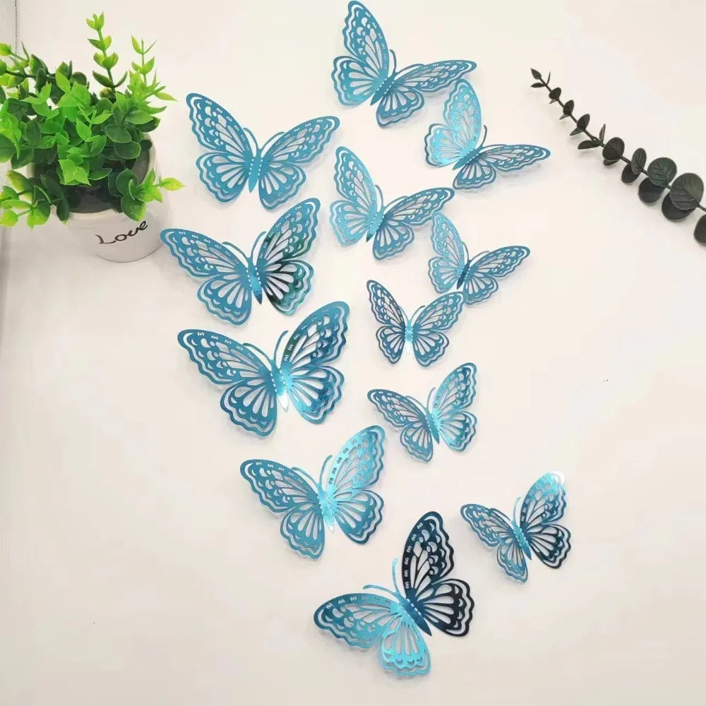 A set of twelve blue and black 3D butterfly wall stickers for home decor