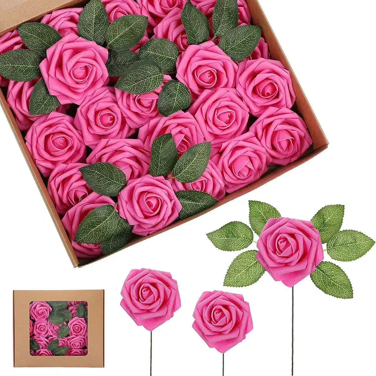 A box filled with pink foam rose artificial flowers on stems for weddings and home decor