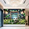 A football-themed birthday backdrop banner featuring soccer balls, trophies, and crowns against a green field background.