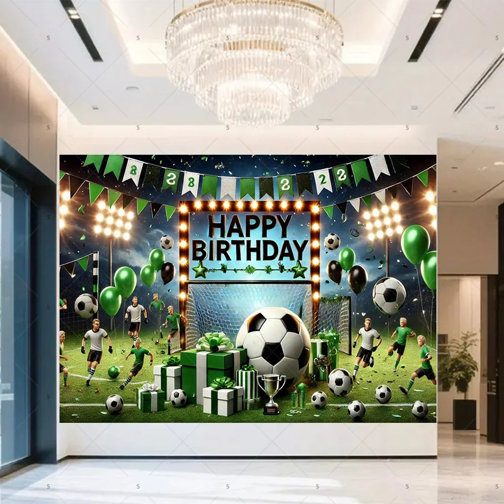 A football-themed birthday backdrop banner featuring soccer balls, trophies, and crowns against a green field background.