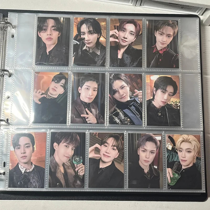 A large capacity grid binder filled with numerous photocards featuring male K-pop idols.
