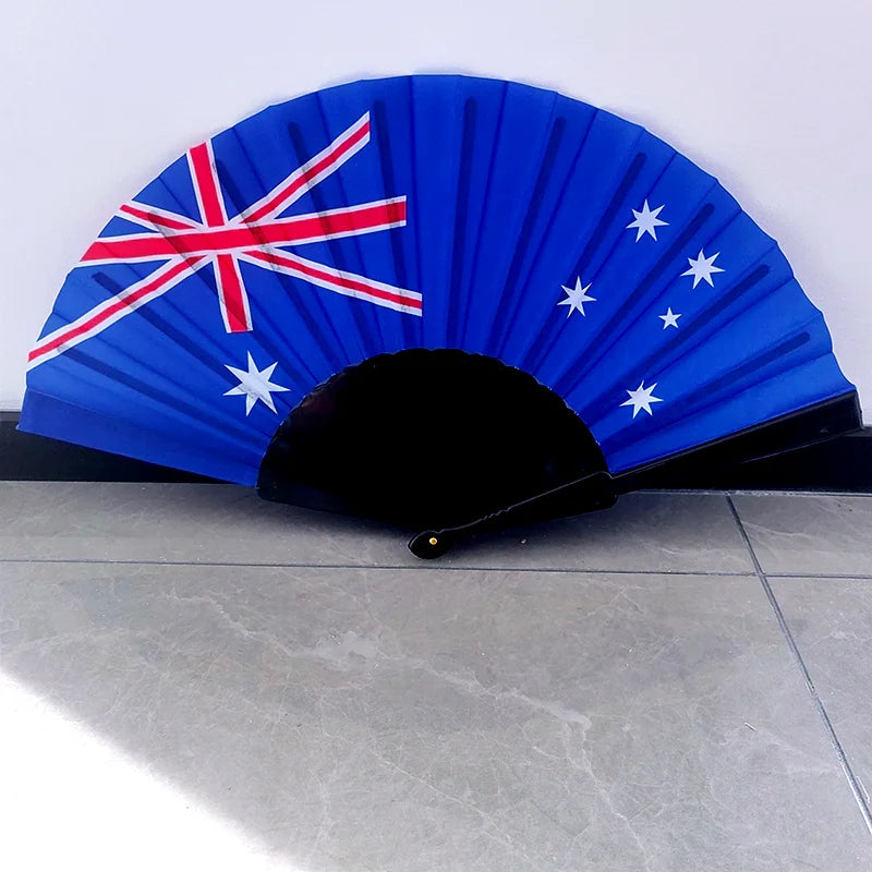 A handheld folding fan featuring the Australian national flag design with blue and white colors.