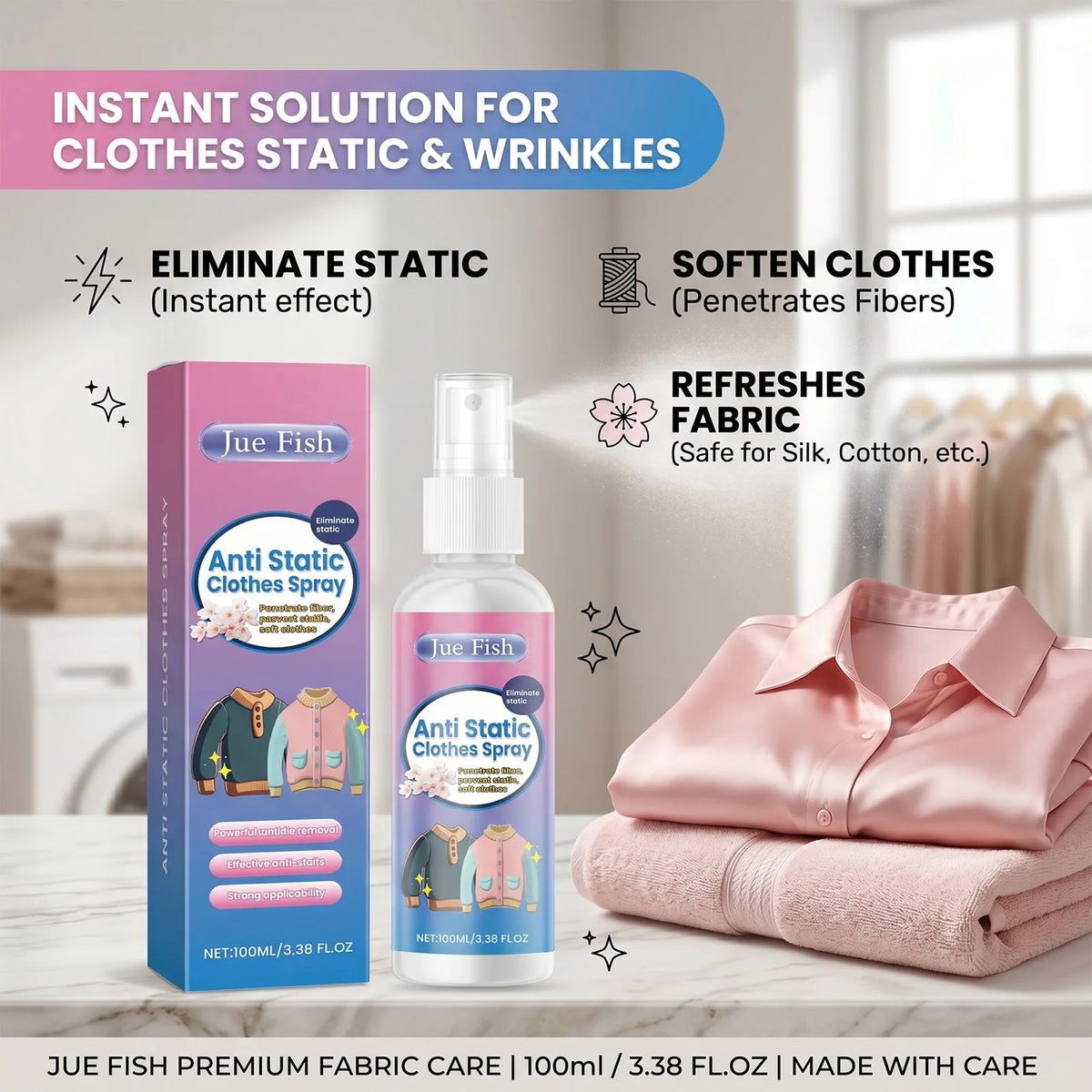 A bottle of Jue Fish Anti-Static Clothes Spray is shown next to a pink collared shirt and folded fabric.