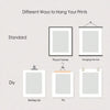 Illustration showing different ways to hang prints, including standard frames and DIY methods like picture frames, hanging fr