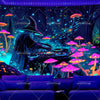 A dark fantasy scene featuring a wizard silhouette, glowing mushrooms, and an electric blue forest background.