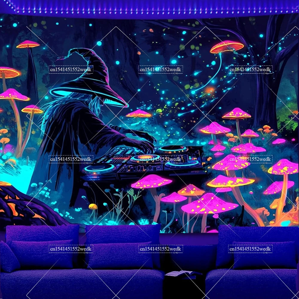 A dark fantasy scene featuring a wizard silhouette, glowing mushrooms, and an electric blue forest background.