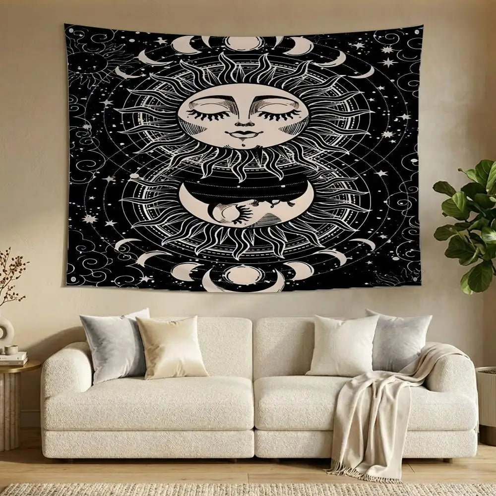 A black and white decorative banner featuring a stylized sun and moon face surrounded by intricate astrological patterns.