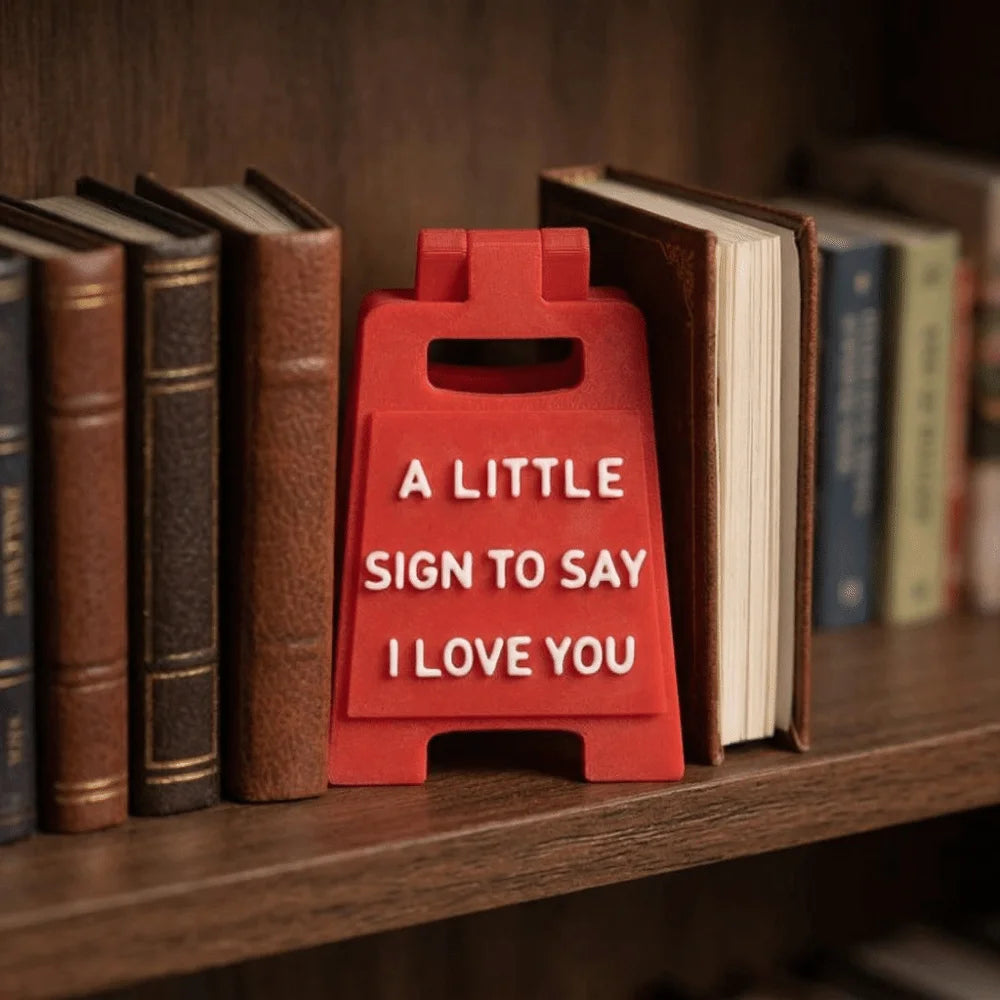 A red 3D printed letter sign ornament shaped like a house with the text I love you carved into it, displayed on a wooden shel