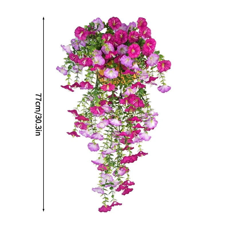 A vertical display of vibrant pink and purple silk morning glory vine hanging flowers for home decor.