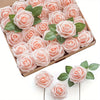 A box filled with pink artificial roses and green leaves for DIY decor.