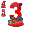 Red wooden birthday number sign featuring a spider design and text